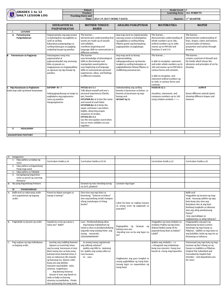 Grade 1 DLL All Subjects Q1 Week 7 Day 3 | PDF