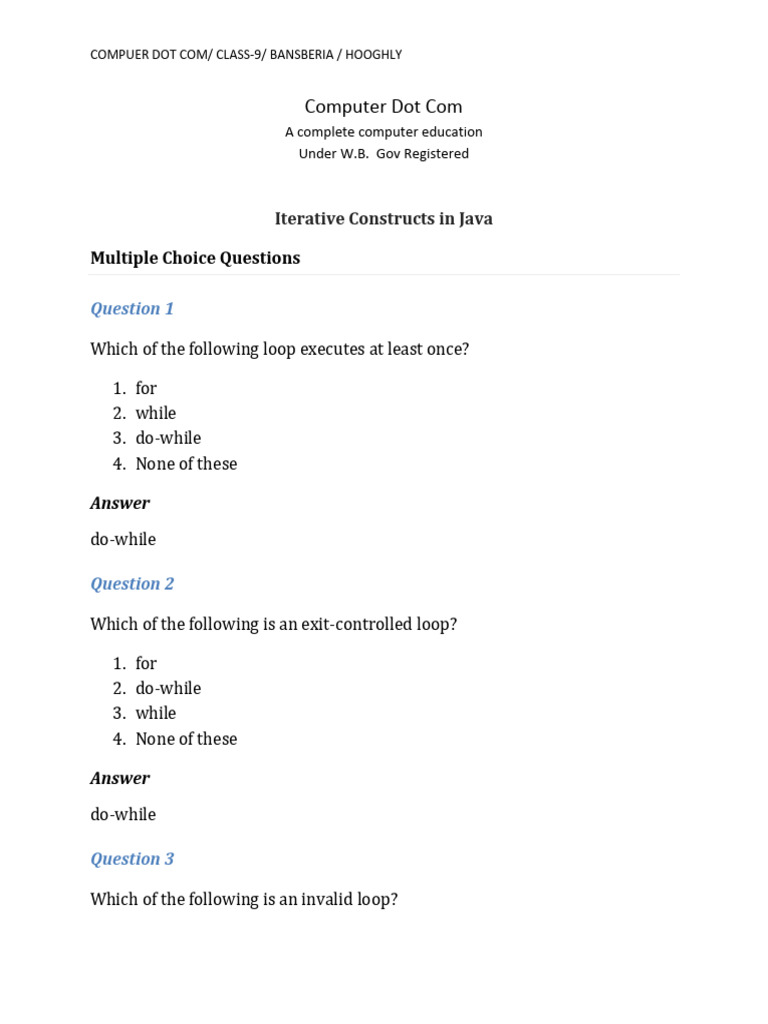 Java Looping Constructs MCQs and Answers | PDF | Control Flow | Integer ...
