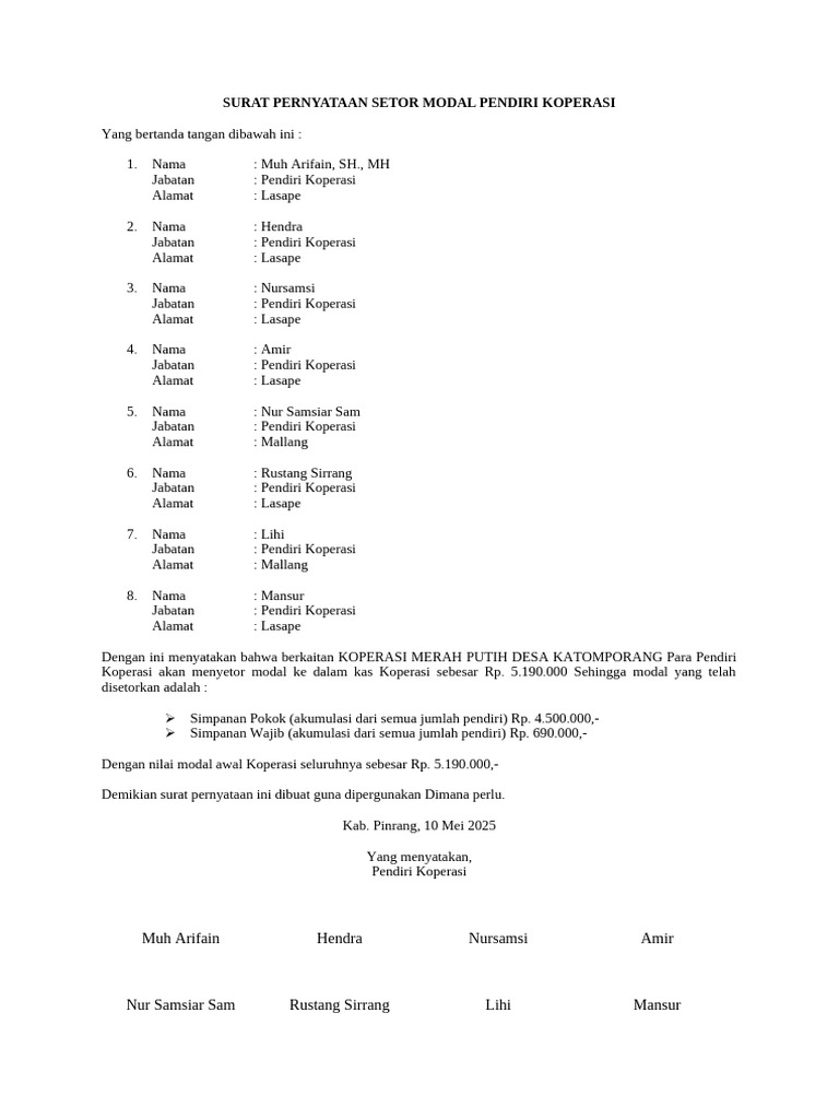 Surat Setor Modal Koperasi Merah Putih | PDF