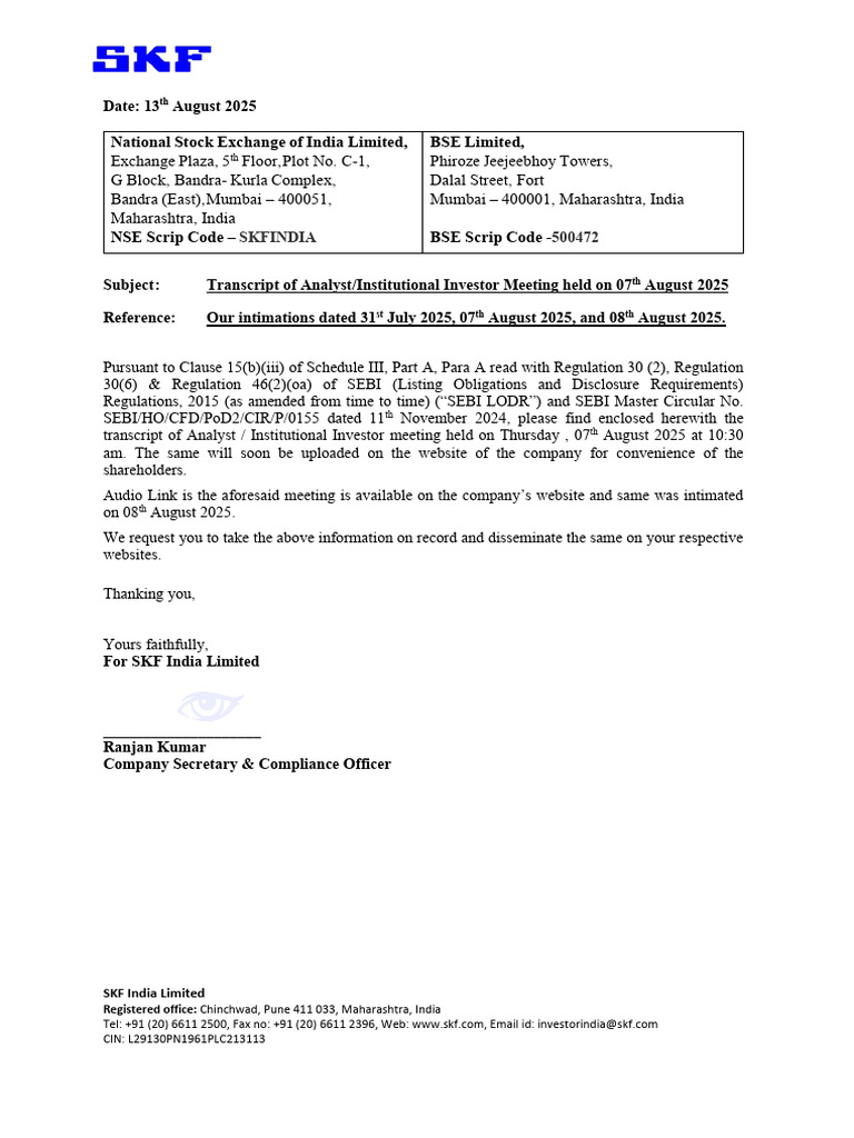 SKF India Q1 FY26 Earnings Call Transcript | PDF | Working Capital ...