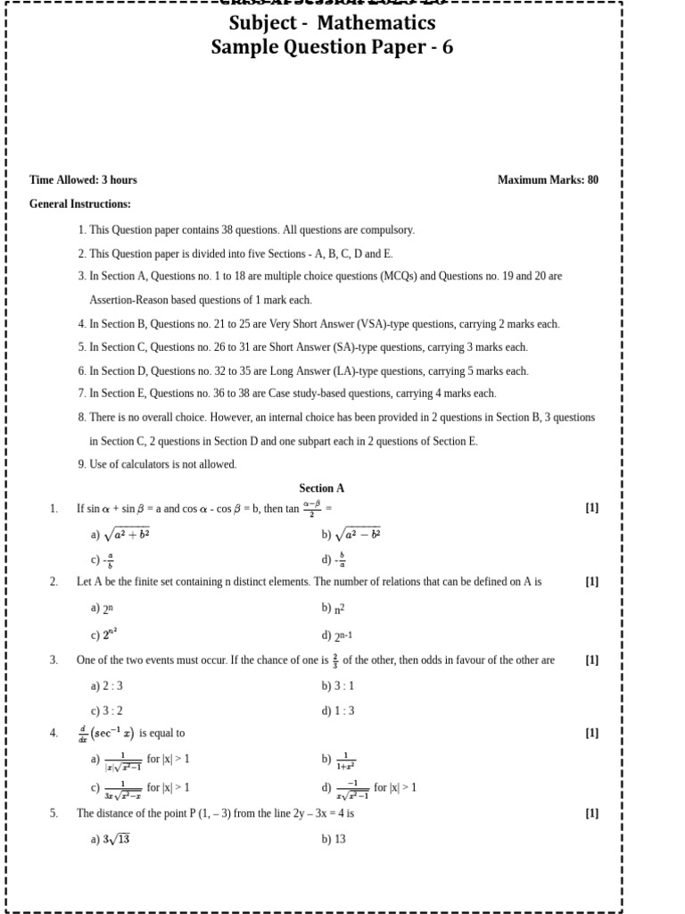 Class XI Mathematics Sample Paper 2025 | PDF | Mathematical Concepts ...