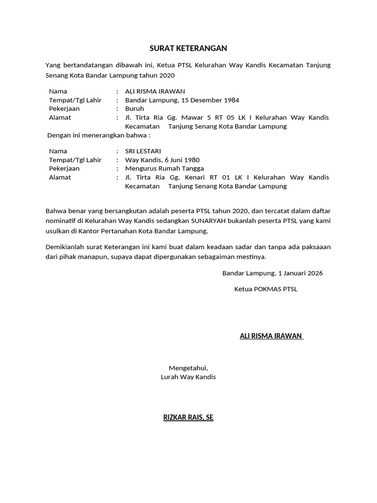 Surat Keterangan PTSL Way Kandis 2020 | PDF