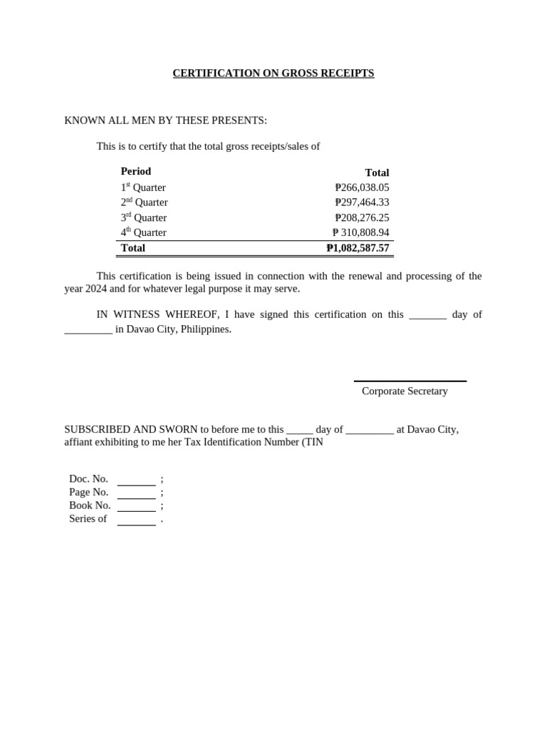 Gross Receipts Certification 2024 | PDF