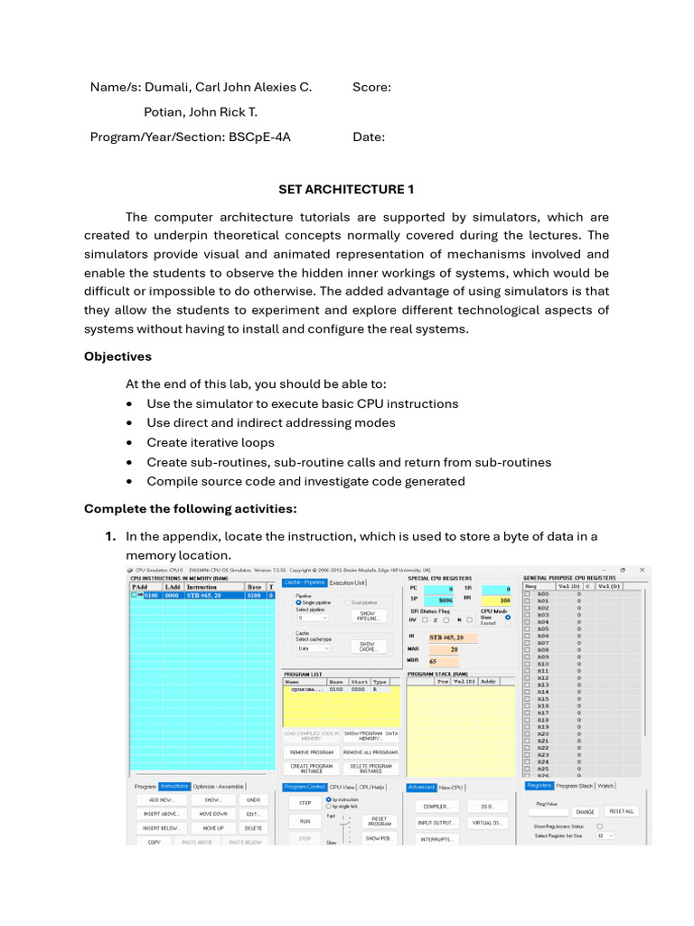 CPU Simulator Activity Potian Dumali.docx | PDF | Central Processing ...