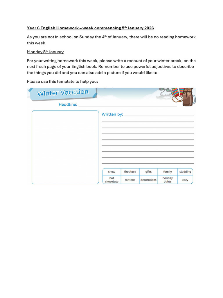 Year 6 English Homework: Winter Recount | PDF