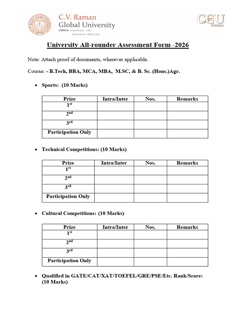 University All-rounder Assessment Form 2026 | PDF