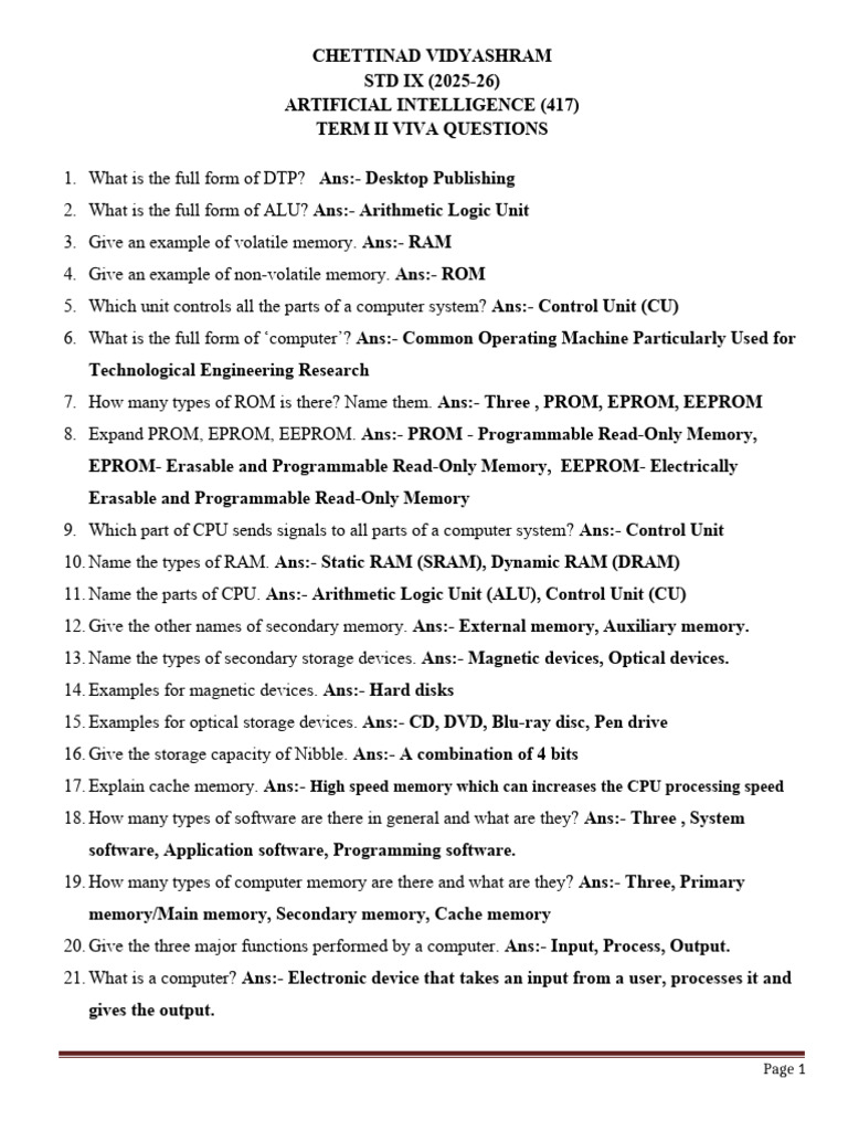 AI Term II Viva Questions for IX Std | PDF | Computer Data Storage ...