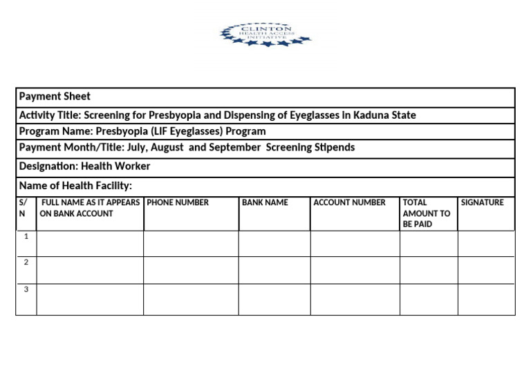 Presbyopia Screening Payment Sheet | PDF