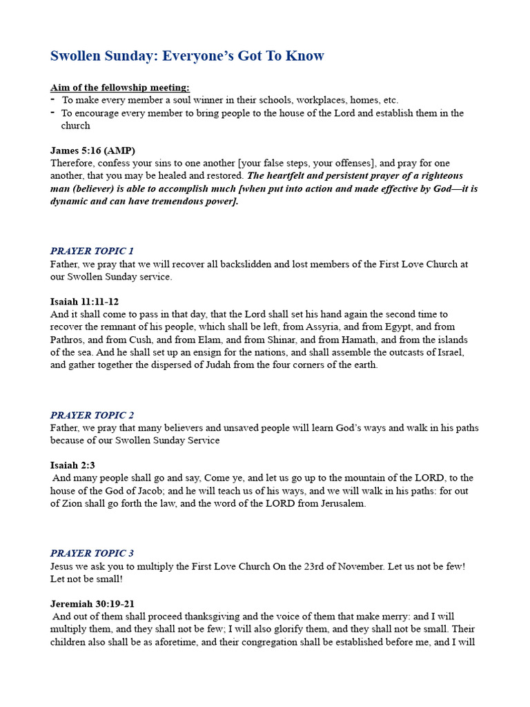 Swollen Sunday Fellowship Goals & Prayers | PDF | Prayer | Religious ...