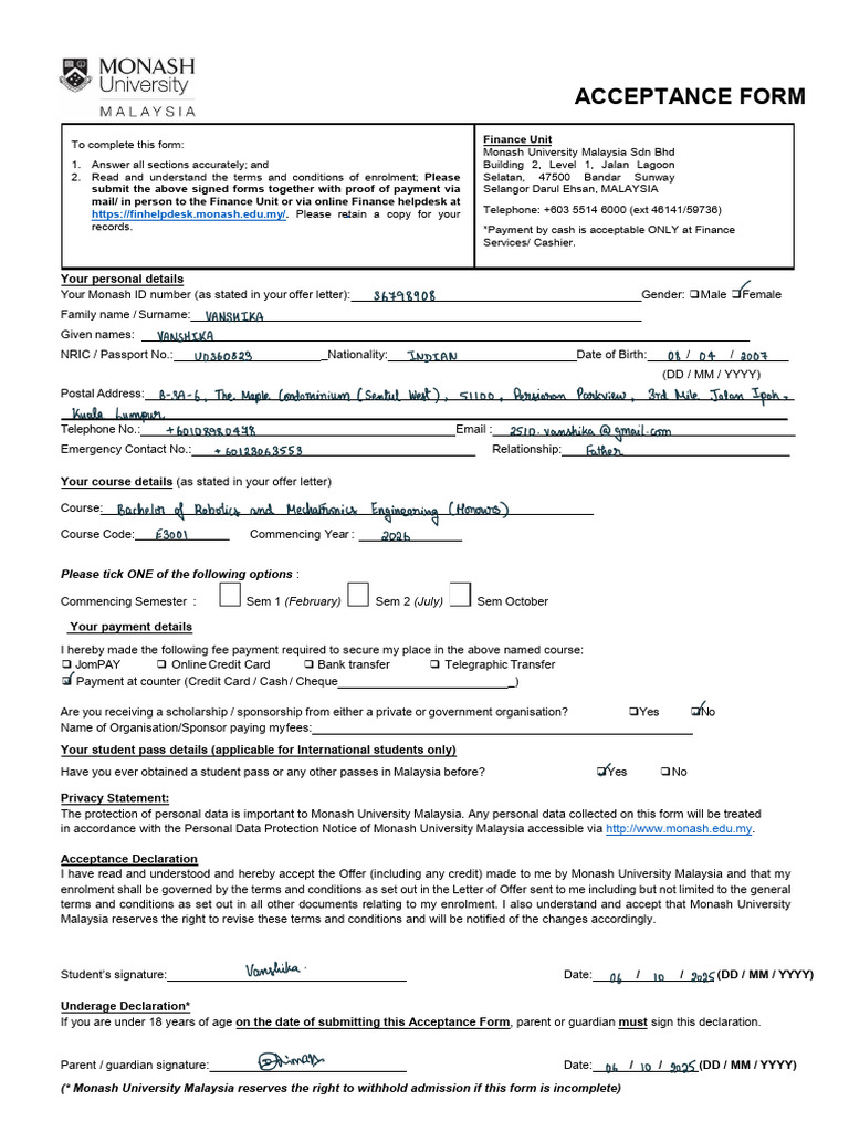 Monash University Acceptance Form | PDF | Fee | Payments