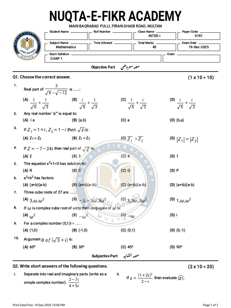 Mathematics Exam: Complex Numbers & Roots | PDF | Mathematical Analysis ...