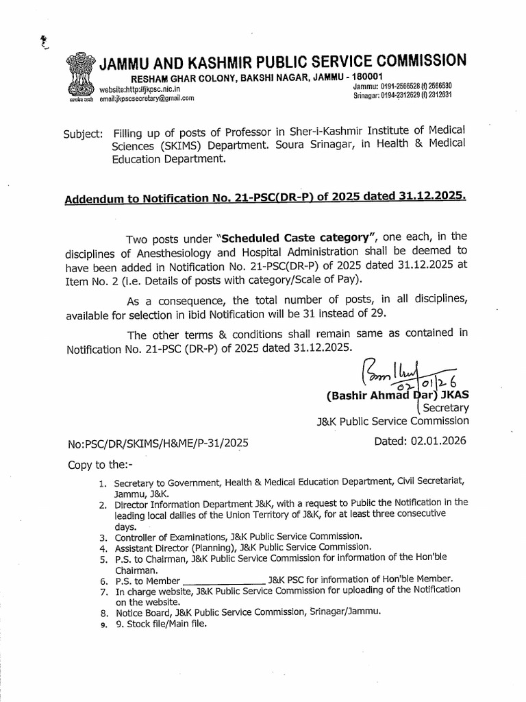 Addendum To Notification No 21 PSC (DRP) of 2025 Dated 31.12.2025 02-01 ...