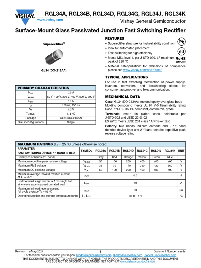 Fast Switching Rectifiers RGL34 Series | PDF | Rectifier | Disclaimer