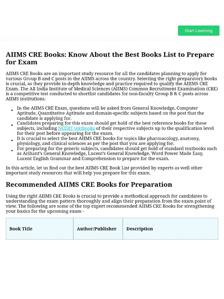 AIIMS CRE Books_ Know About the Best Books List to Prepare for Exam | PDF