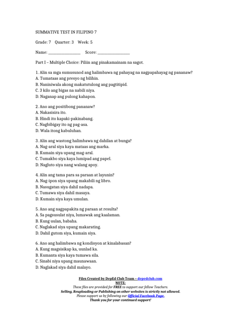 Summ - Test Filipino 7 Q3 W5 | PDF