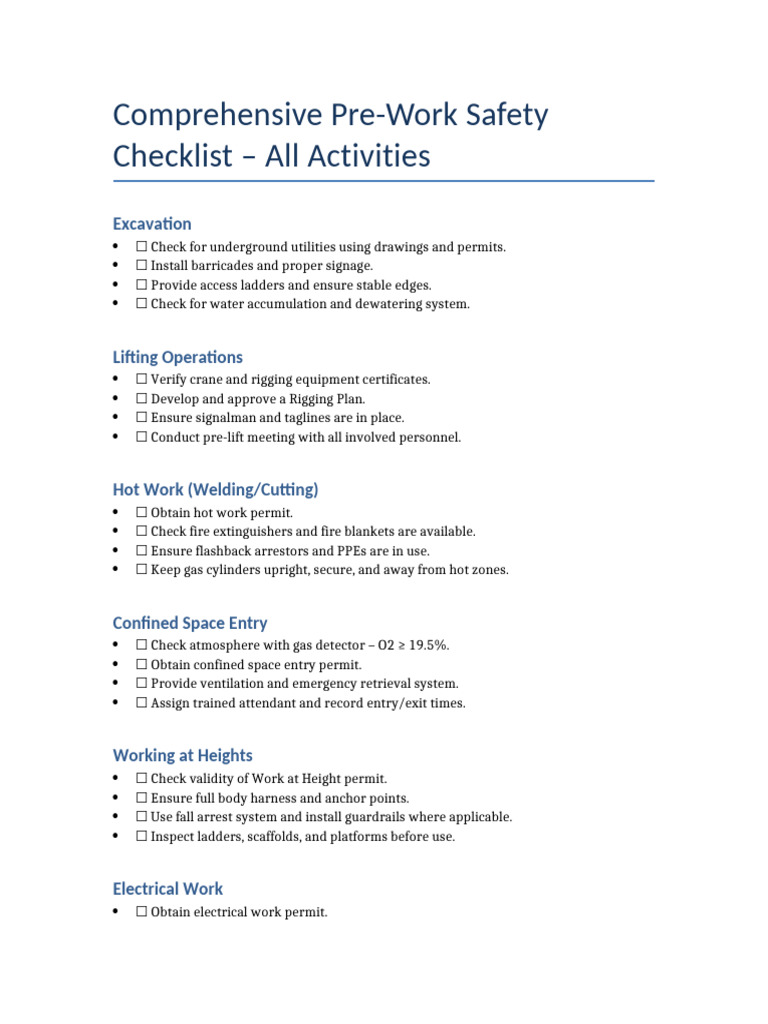 Pre-Work Safety Checklist for Construction | PDF | Occupational Safety ...