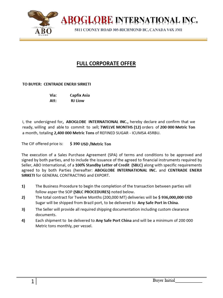 Full Corporate Offer for Refined Sugar | PDF | Letter Of Credit