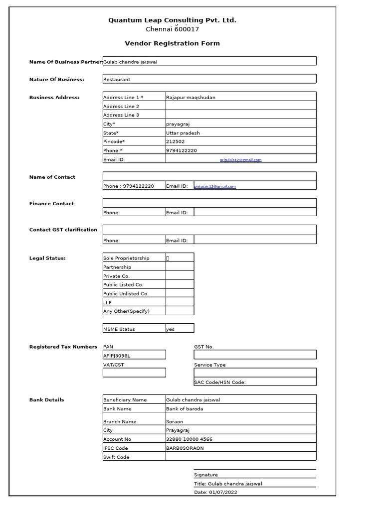 Vendor Registration Form for Restaurants | PDF | Corporations | Private Law