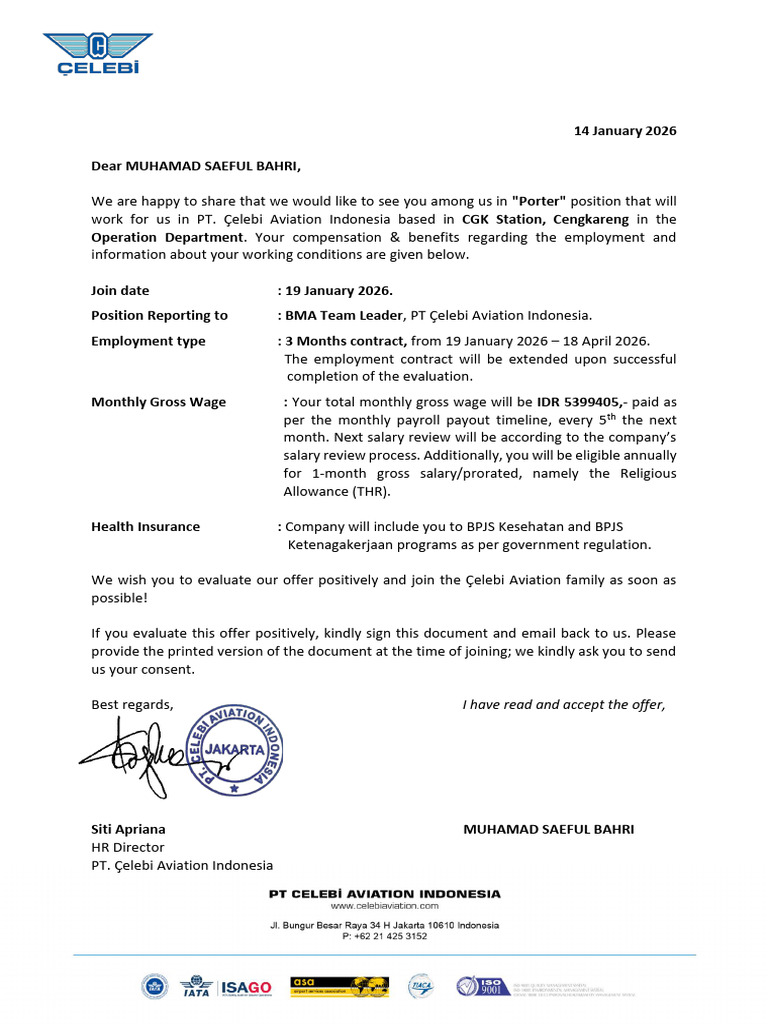 Job Offer for Porter at Çelebi Aviation | PDF