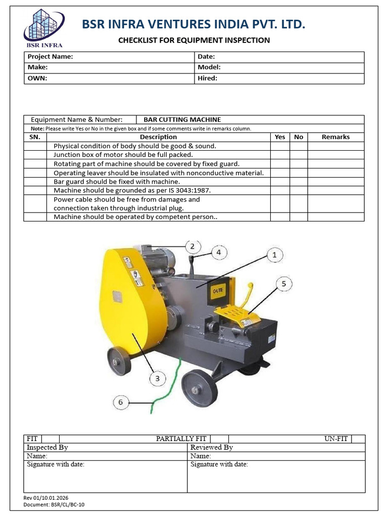 Equipment Inspection Checklist for Bar Cutting Machine | PDF
