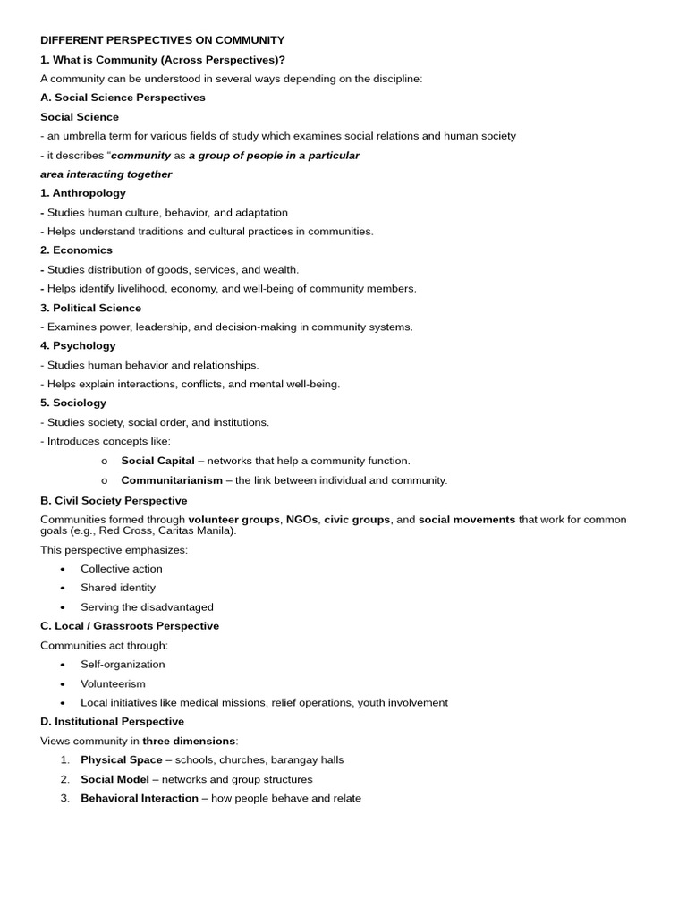 Understanding Community: Diverse Perspectives | PDF