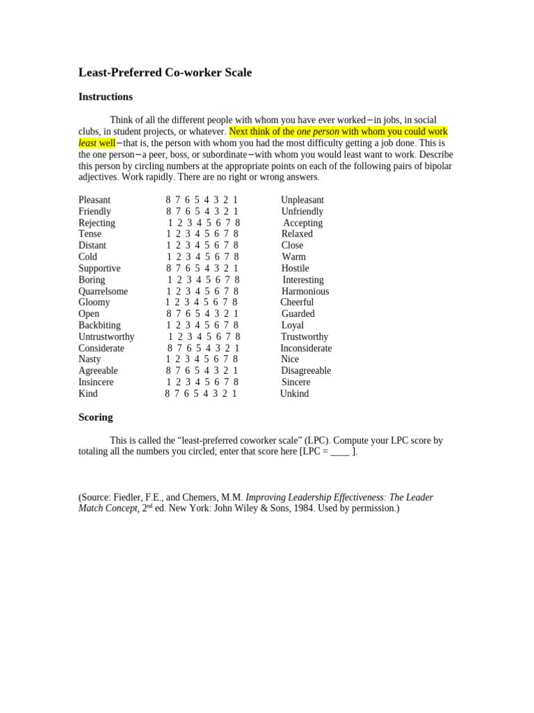 Least-Preferred Co-worker Assessment | PDF