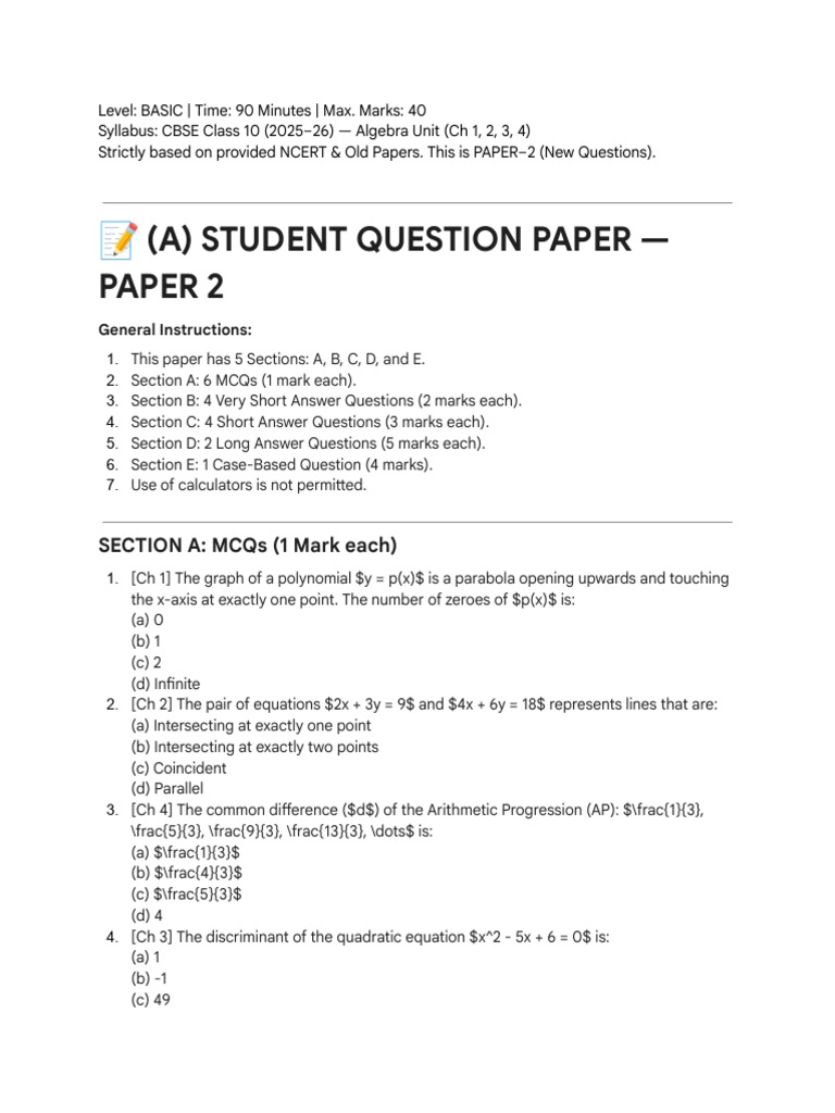 CBSE Class 10 Algebra Practice Paper | PDF | Quadratic Equation ...