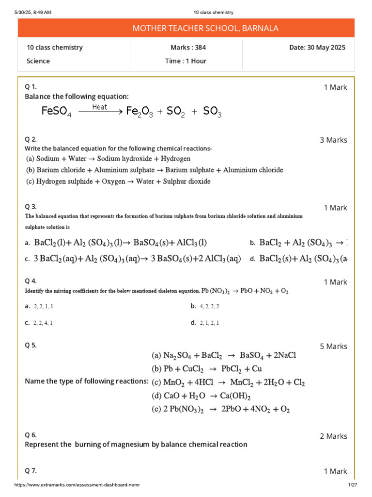 10th Grade Chemistry Exam Questions | PDF | Chemical Reactions | Redox
