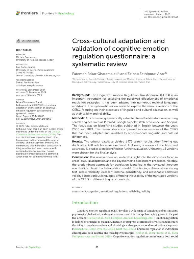 Cross-Cultural Adaptation and Validation of Cognit | PDF | Emotional ...