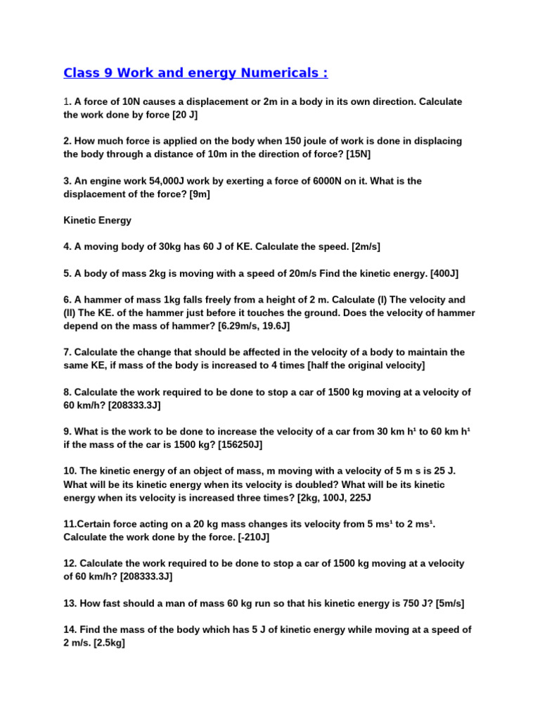 Class 9 Work and Energy Numericals | PDF | Kinetic Energy | Force