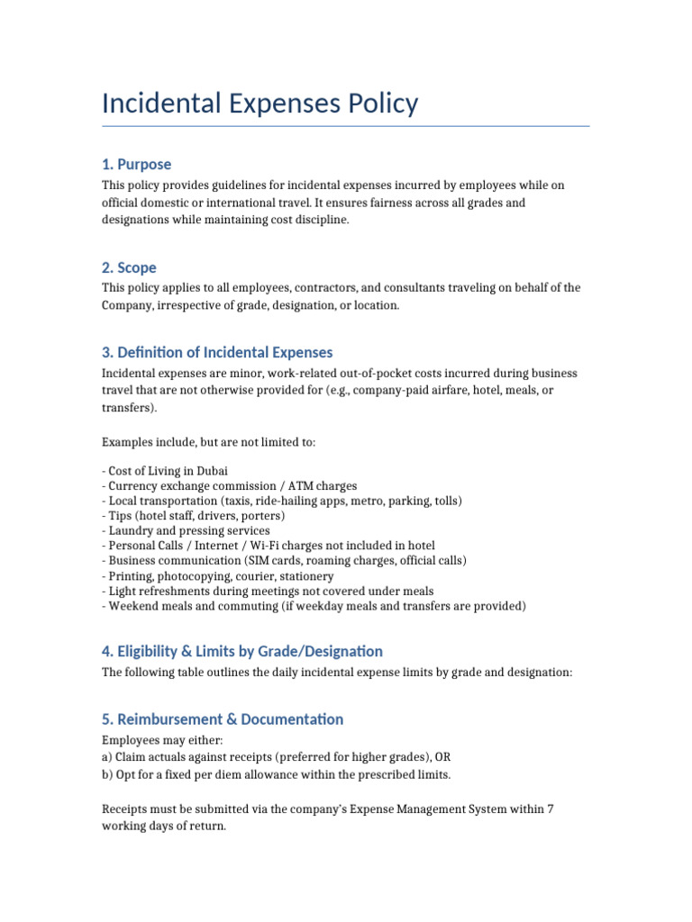 Employee Incidental Expenses Policy | PDF | Cost Of Living | Per Diem