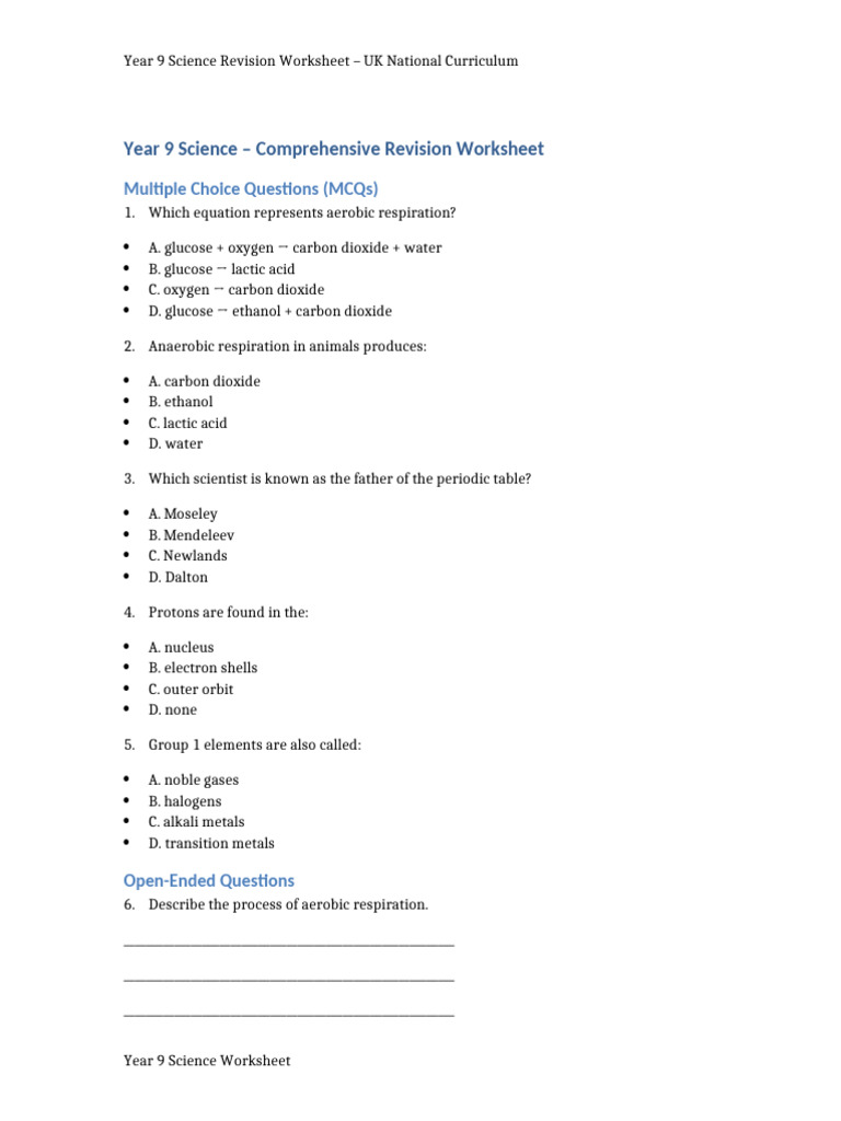 Year 9 Science Revision Worksheet | PDF | Cellular Respiration ...