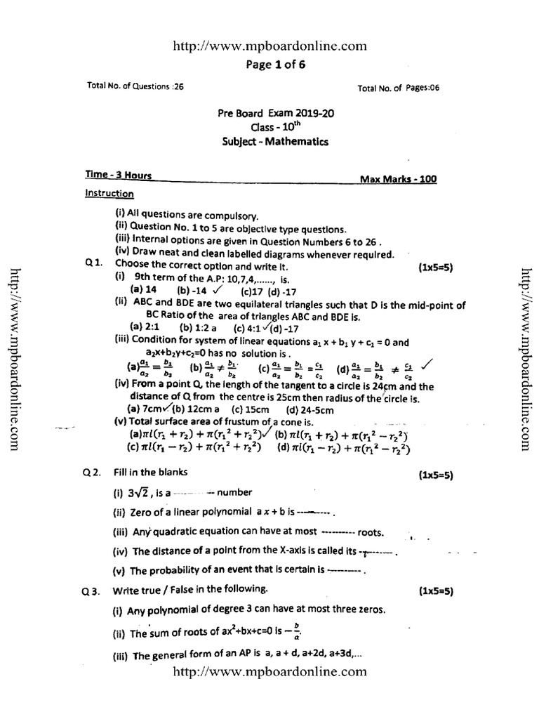 MP Board Class 10 PB Mathematics 2020 | PDF