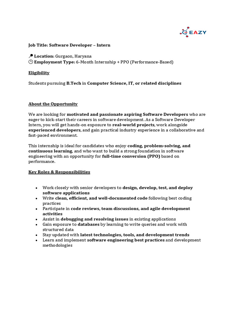 Software Developer Internship in Gurgaon | PDF