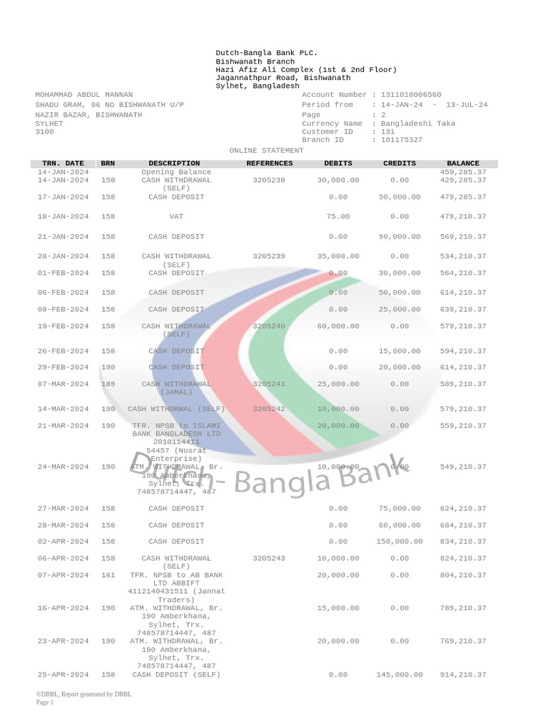 Dutch-Bangla Bank Online Statement | PDF | Banks | Cash