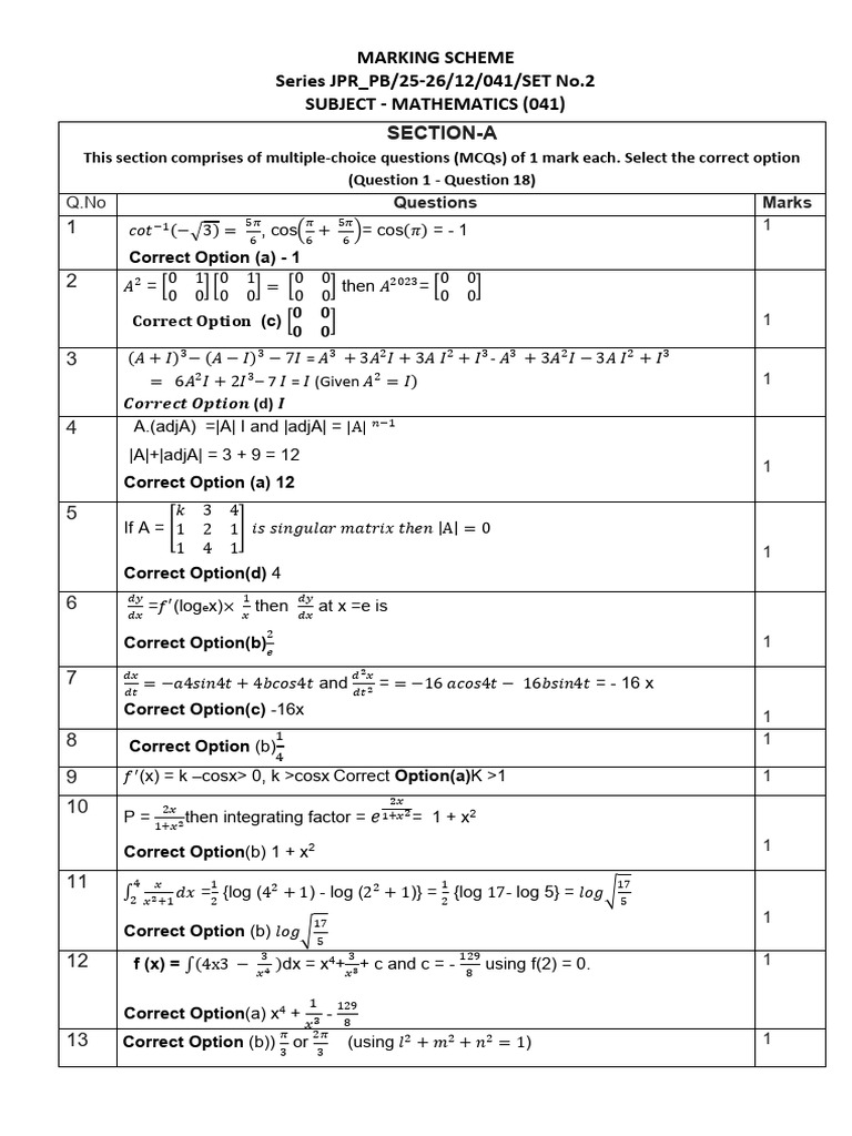 Mathematics Marking Scheme 2025-26 | PDF | Area | Equations