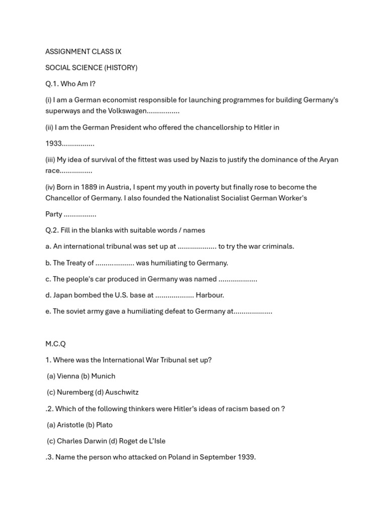 Nazism Assignment Class IX | PDF