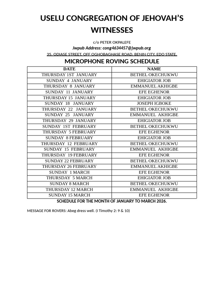 Microphone Roving Schedule: Jan-Mar 2026 | PDF