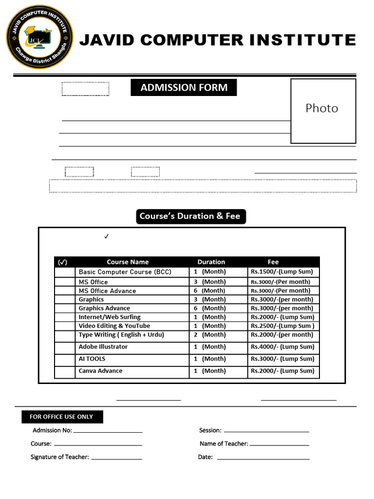 Javid Computer Institute Admission Form | PDF | Application Software ...