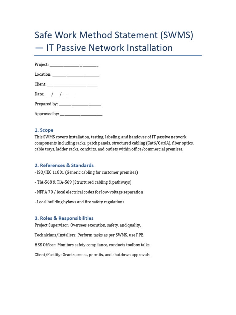 IT Passive Network Installation SWMS | PDF | Optical Fiber | Personal ...