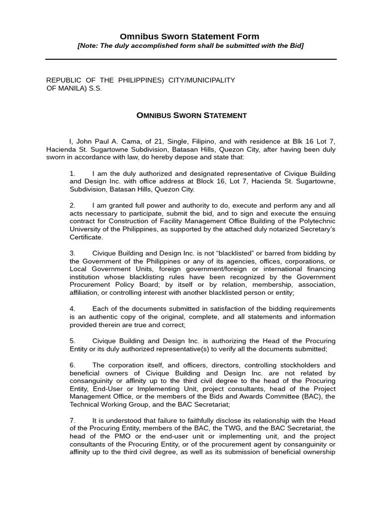 Omnibus Sworn Statement for Bidding | PDF | Notary Public | Government