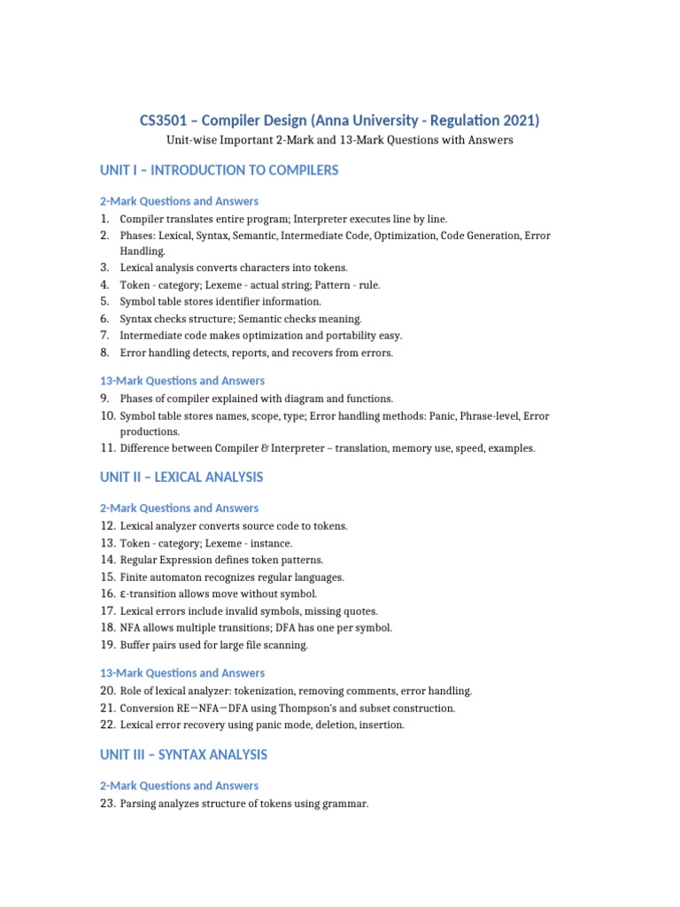 Compiler Design Q&A Guide for CS3501 | PDF | Parsing | Compiler