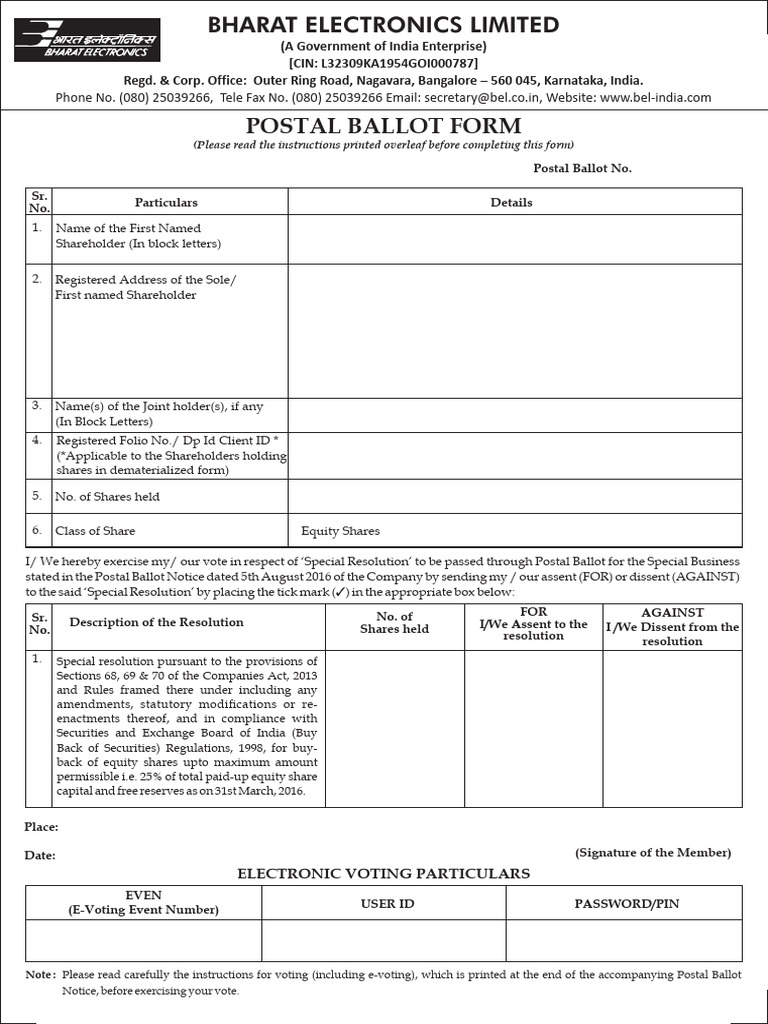 Bharat Electronics Postal Ballot Form | PDF | Electronic Voting ...