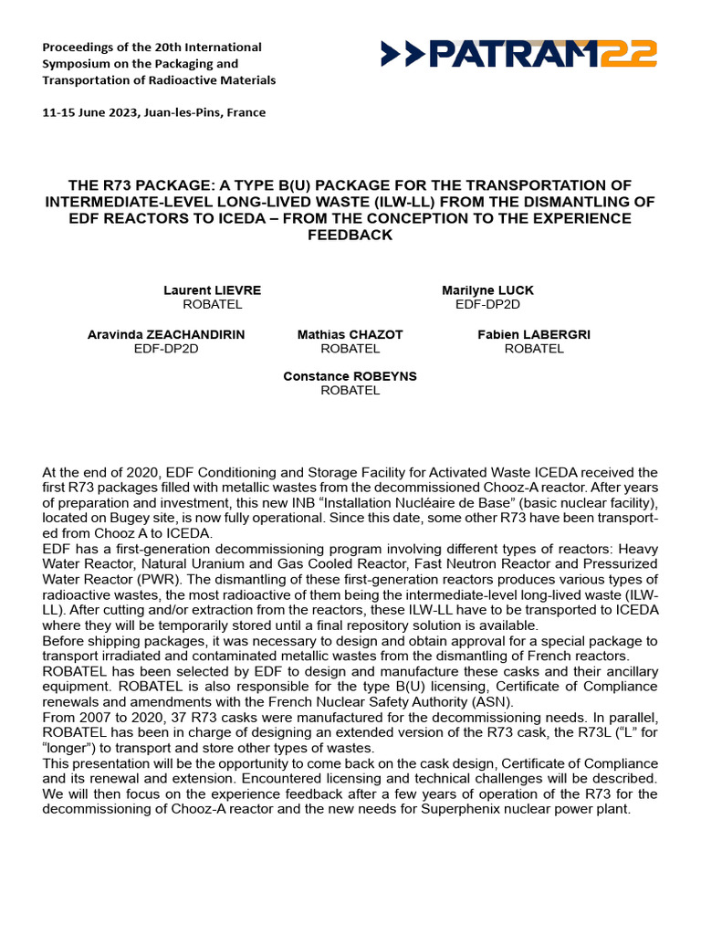 R73 Package for ILW Transport in France | PDF | Nuclear Reactor ...