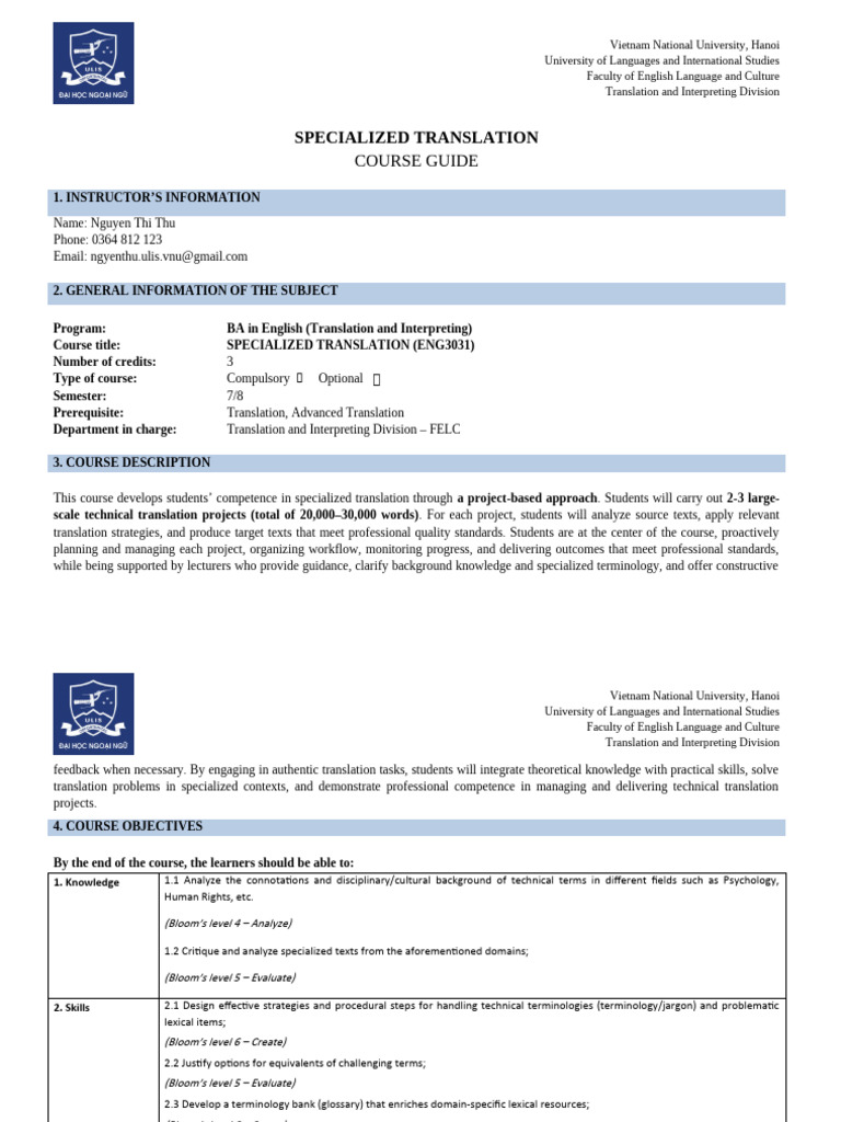 Specialized Translation Course Guide | PDF | Academic Dishonesty ...