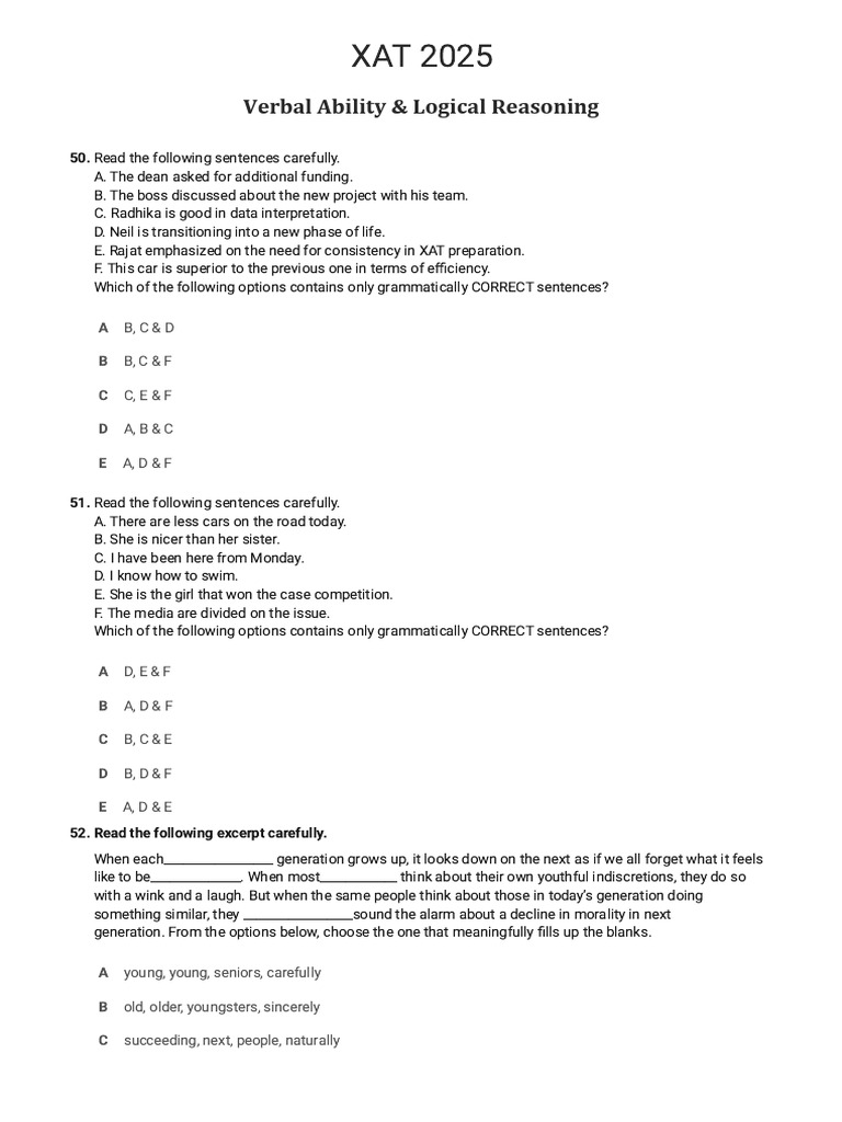 XAT Verbal Ability Practice Questions | PDF | Meritocracy | Equal ...
