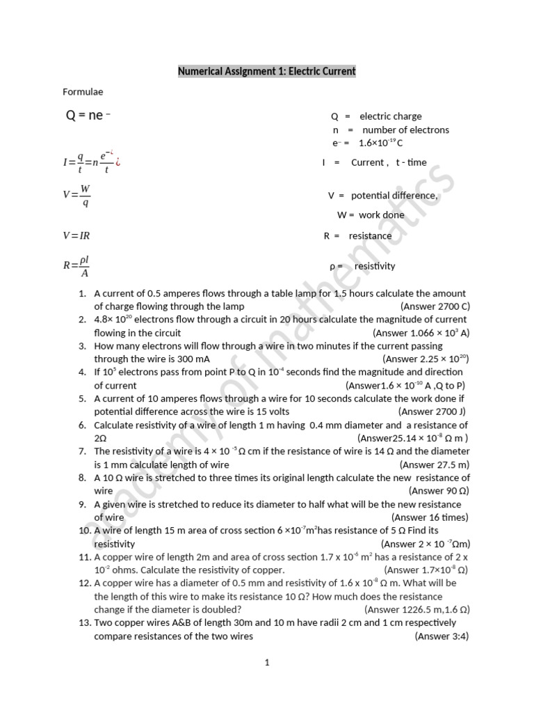 Electric Current Calculations and Formulas | PDF | Electric Current ...