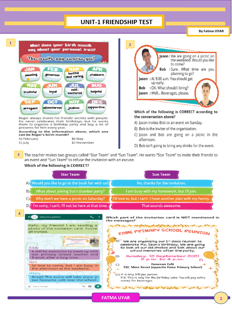Unit-1 Test by Fatma Uyar | PDF