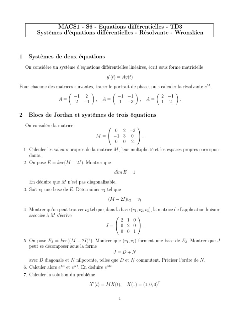 Systèmes et Équations Différentielles TD3 | PDF | Objets mathématiques ...