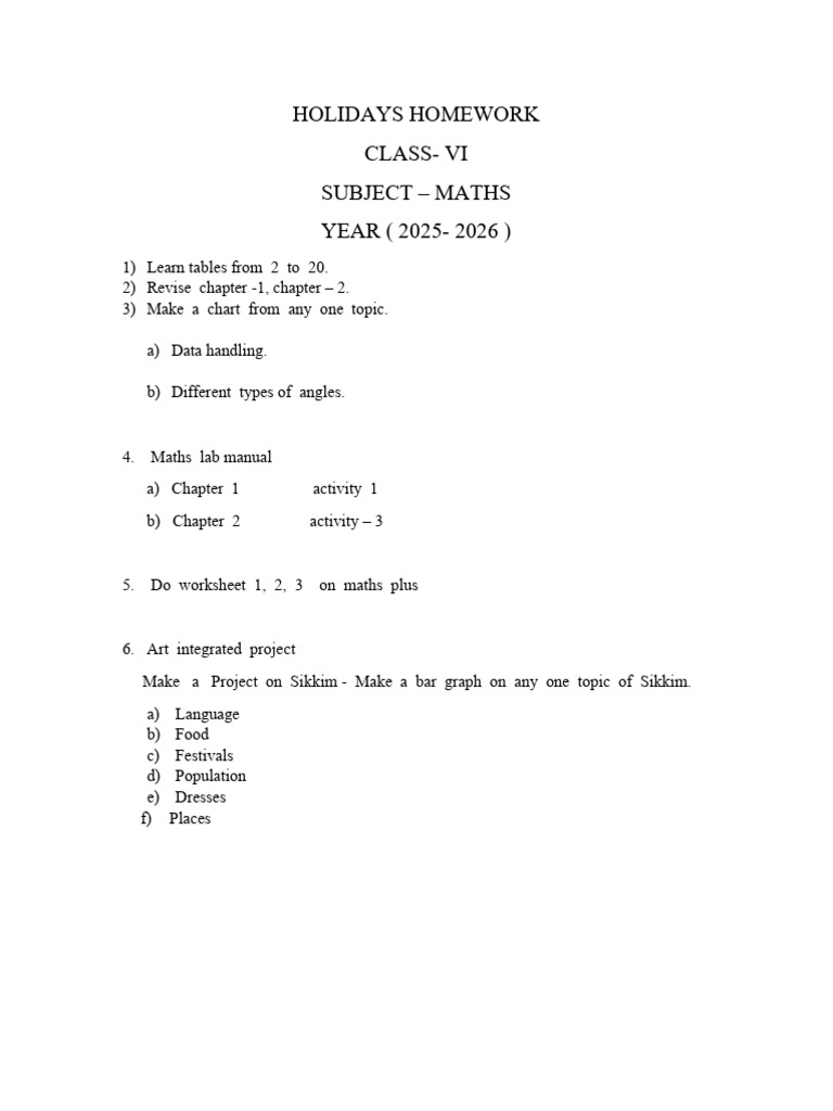 Class 6 Holiday Homework 2025-26 | PDF